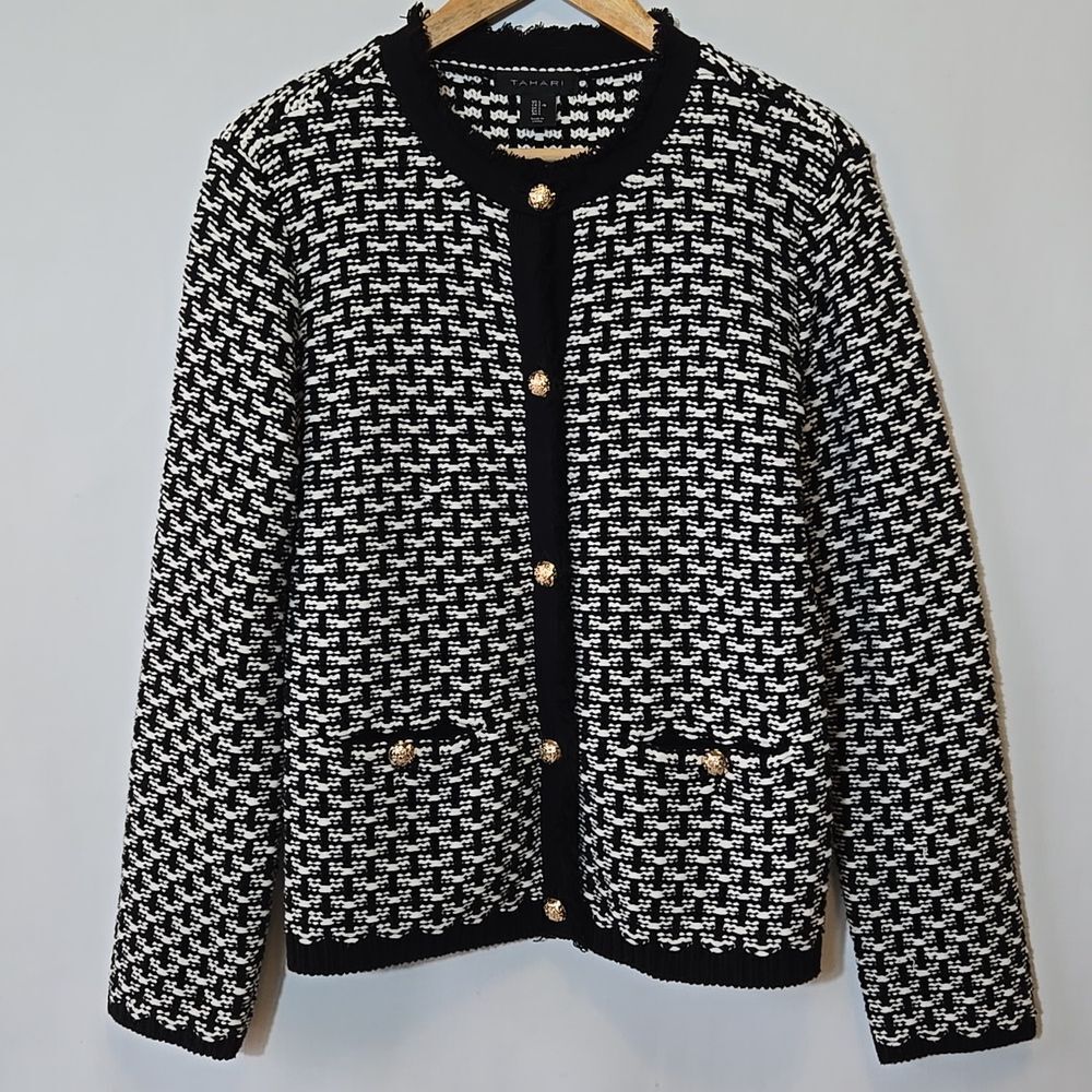 Tahari Woven Cardigan Sweater Blazer Jacket L Crest Preppy Old Money Academia‎